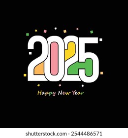 2025 happy New Year. Typography letter square banner design. Greeting card, poster. Vector holiday illustration. Colorful 2025 happy new year letter text on black background. Festive event banner
