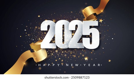 2025 Feliz Año Nuevo Fondo de Vector con cinta de regalo de oro, confeti, números blancos.