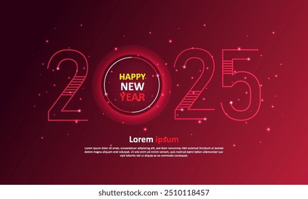 2025 Feliz año nuevo diseño de Vector. Números de línea Abstractas sobre un fondo rojo. Ilustración vectorial