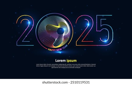 2025 Feliz año nuevo diseño de Vector. Números de línea coloridos Abstractas en un fondo azul. Ilustración vectorial