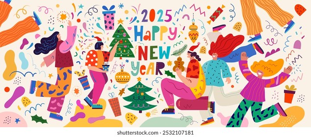 2025 Happy New Year.. 2025 vector illustration with funny people characters. New Year holiday decorative card. People celebrate the New Year. New Year holiday background