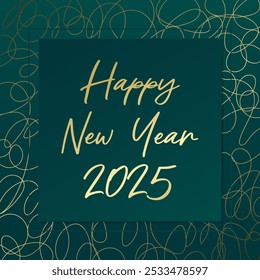 2025 Happy New Year vector greeting card. Golden hand drawn lines. Green and gold gradient banner for celebration, congratulation, web, design, decoration, winter holiday, frame