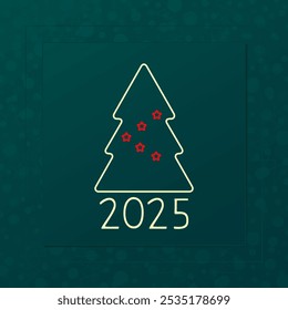 2025 Happy New Year vector greeting card. Christmas tree icon with stars and snowflake background. Green red yellow banner for celebration, congratulation, decoration, winter holiday, web design