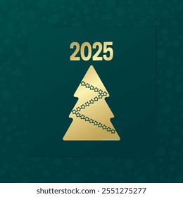 2025 Happy New Year vector greeting card. Gold and green Christmas tree icon with stars and snowflake background for celebration, decoration, winter holiday, web design