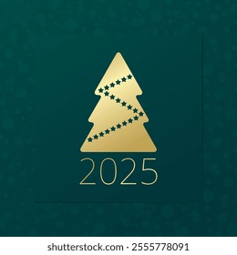 2025 Happy New Year vector greeting card. Gold and green Christmas tree icon with stars. Snowflake background for celebration, decoration, winter holiday, frame, web design