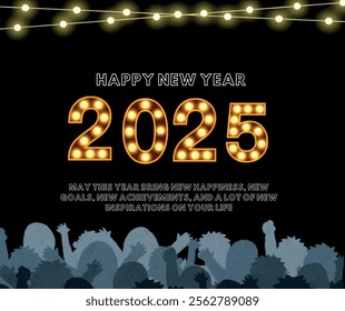 
2025 happy new year vector illustration greeting card with lamb tube 2025  numbers font design and  Silhouette Illustration of Cheering Audience and glowing lights eps