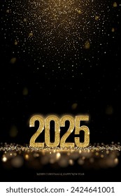 2025 Happy New Year vertical banner vector template. Winter holiday, Christmas congratulations. Festive postcard, luxurious greeting card concept. 2025 number with golden glitter illustration.