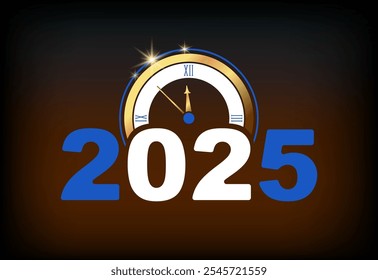 2025 Feliz Ano Novo 2025 Ano Novo. Um relógio de ouro branco mostra doze horas da noite. Números azul e branco design para calendário. Fundo preto, feriado. Banner, ano, capa. Ilustração vetorial
