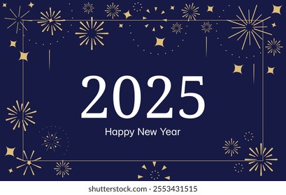 2025 happy New Year. White number with golden fireworks on the dark blue background. New Year greeting template for social media and typography. Holidays concept.