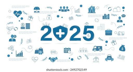 2025 health insurance concept. goal medical and healthcare priority, health insurance concept, new year resolutions goal. icons vector illustration