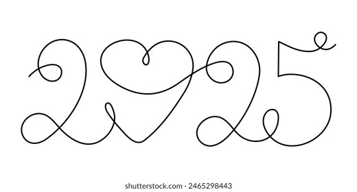 2025 with heart one line art, hand drawn continuous contour.Holiday romanticconcept,festive lettering.New year handwriting text, linear style, minimalist design.Editable stroke.Isolated.Vector 