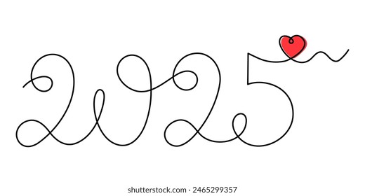 2025 with heart one line art, hand drawn continuous contour.Holiday romanticconcept,festive lettering.New year handwriting text, linear style, minimalist design.Editable stroke.Isolated.Vector 