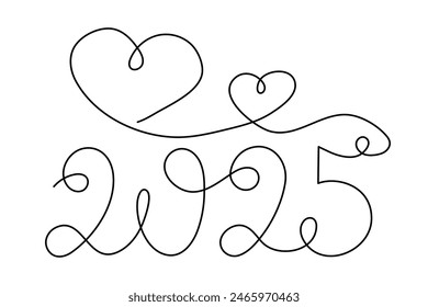 2025 with heart one line art, hand drawn continuous contour.Holiday romanticconcept,festive lettering.New year handwriting text, linear style, minimalist design.Editable stroke.Isolated.Vector 