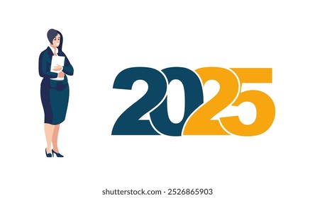 2025, holiday. Happy new year. Business lady is standing next to New Year's numbers 2025. Merry Christmas. Business banner. Positive motivation success and business growth in 2025. Vector illustration