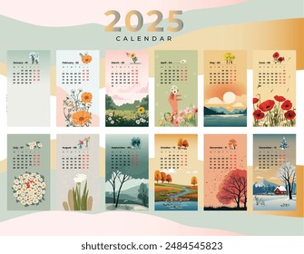 2025 Vector ilustrado naturaleza Calendario Plantilla con Diseños florales