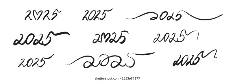 2025 inscription in ink by hand. New Year's inscription 2025 with a heart in doodle style, calligraphy with pen, pen, brush. For cards, gifts, illustrations, holiday. 
EPS10 vector image 