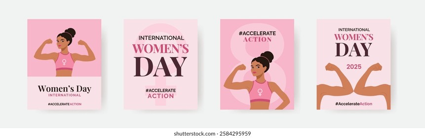 2025 International Women's Day vector vertical banners #AccelerateAction campaign, female raised hands, the Venus symbol, bold text, and the number eight in pink hues, emphasizing strength and power.