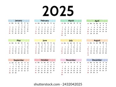 Сalendar for 2025 isolated on a white background. Sunday to Monday, business template. Vector illustration