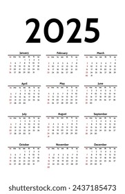 Сalendar for 2025 isolated on a white background. Sunday to Monday, business template. Vector illustration