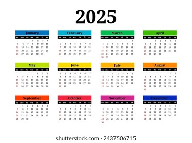 Сalendar for 2025 isolated on a white background. Sunday to Monday, business template. Vector illustration