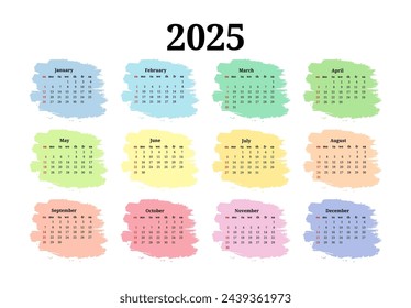 Сalendar for 2025 isolated on a white background. Sunday to Monday, business template. Vector illustration