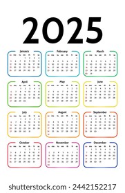Сalendar for 2025 isolated on a white background. Sunday to Monday, business template. Vector illustration