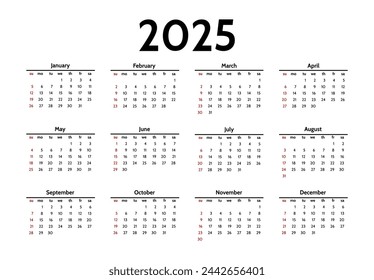 Сalendar for 2025 isolated on a white background. Sunday to Monday, business template. Vector illustration