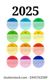 СCalendario para 2025 aislado sobre fondo blanco. De domingo a lunes, Plantilla de negocios. Ilustración vectorial