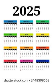 Сalendar for 2025 isolated on a white background. Sunday to Monday, business template. Vector illustration