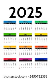 Сalendar for 2025 isolated on a white background. Sunday to Monday, business template. Vector illustration