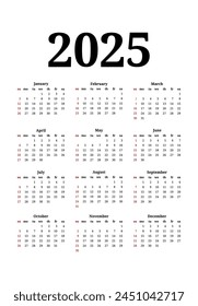 Сalendar for 2025 isolated on a white background. Sunday to Monday, business template. Vector illustration