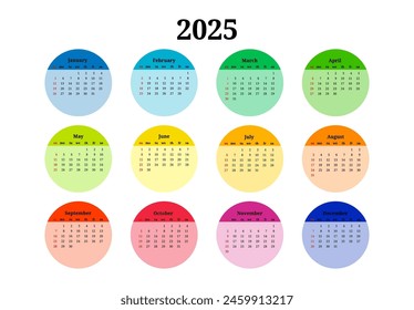 Сalendar for 2025 isolated on a white background. Sunday to Monday, business template. Vector illustration