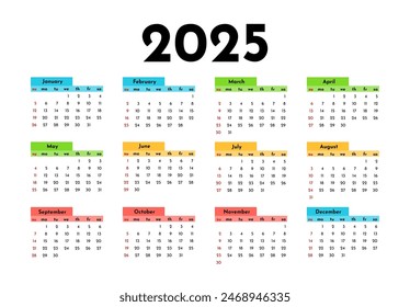 Сalendar for 2025 isolated on a white background. Sunday to Monday, business template. Vector illustration