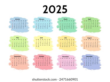 Сalendar for 2025 isolated on a white background. Sunday to Monday, business template. Vector illustration