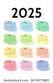 Сalendar for 2025 isolated on a white background. Sunday to Monday, business template. Vector illustration