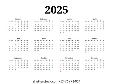 Сalendar for 2025 isolated on a white background. Sunday to Monday, business template. Vector illustration