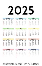 СKalender für 2025 isoliert auf weißem Hintergrund. Sonntag bis Montag, geschäftliche Vorlage. Vektorillustration