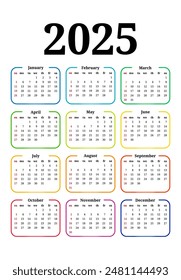 Сalendar for 2025 isolated on a white background. Sunday to Monday, business template. Vector illustration