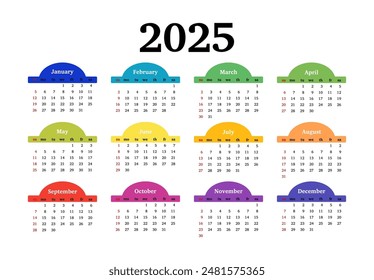Сalendar for 2025 isolated on a white background. Sunday to Monday, business template. Vector illustration