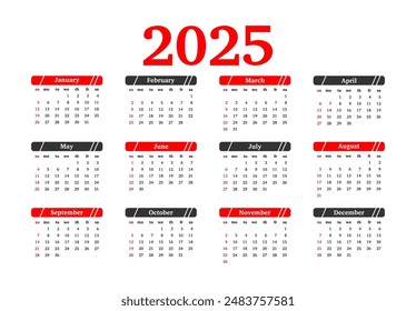 Сalendar for 2025 isolated on a white background. Sunday to Monday, business template. Vector illustration