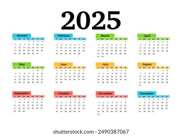 Сalendar for 2025 isolated on a white background. Sunday to Monday, business template. Vector illustration
