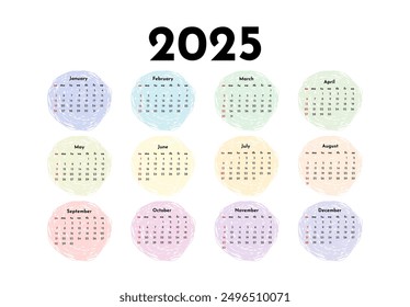 Сalendar for 2025 isolated on a white background. Sunday to Monday, business template. Vector illustration