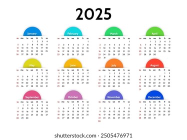 Сalendar for 2025 isolated on a white background. Sunday to Monday, business template. Vector illustration