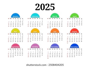СCalendario para 2025 aislado en un fondo blanco. De domingo a lunes, Plantilla de negocios. Ilustración vectorial