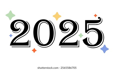 2025 isolated on white background. 2025 lettering decorated with colorful stars. New Year design symbol.