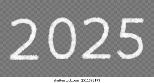 2025 isolated,Number Design White Clouds on grey transparent background,The letter typography logo design concept for Happy new year 2025 Holiday greeting card element,Vector illustration 