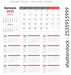 2025 Italian calendars. Printable paper pages of 12 months in year. Vector illustration for Italy - calendario