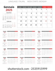 Italienische Kalender 2025. Druckbare Papierseiten von 12 Monaten im Jahr. Vektorgrafik für Italien - Kalender