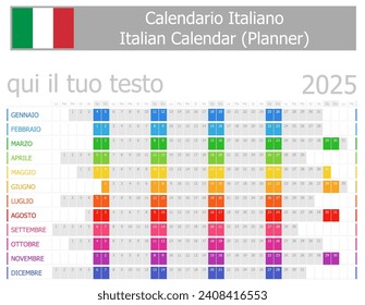 2025 Italian Planner Calendar with Horizontal Months on white background