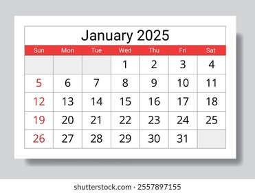 2025 january calendar. A vector collection of English monthly page calendars. Design with Sunday start